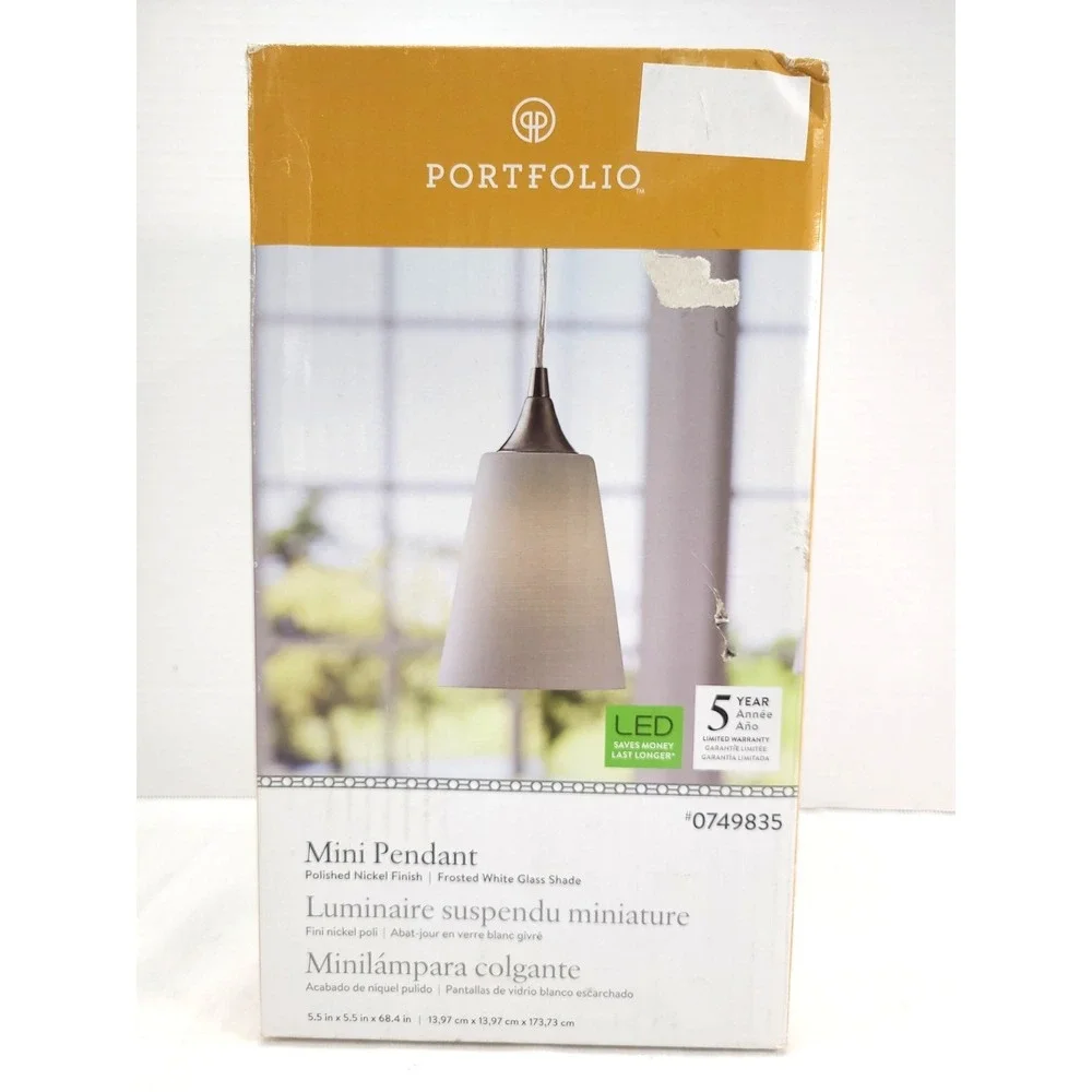 Portfolio Mini Pendant LED Ceiling Light Fixture Polished Nickel Frosted Glass